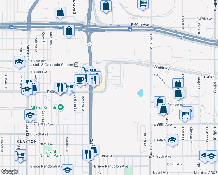 map of restaurants, bars, coffee shops, grocery stores, and more near 4055 Albion Street in Denver