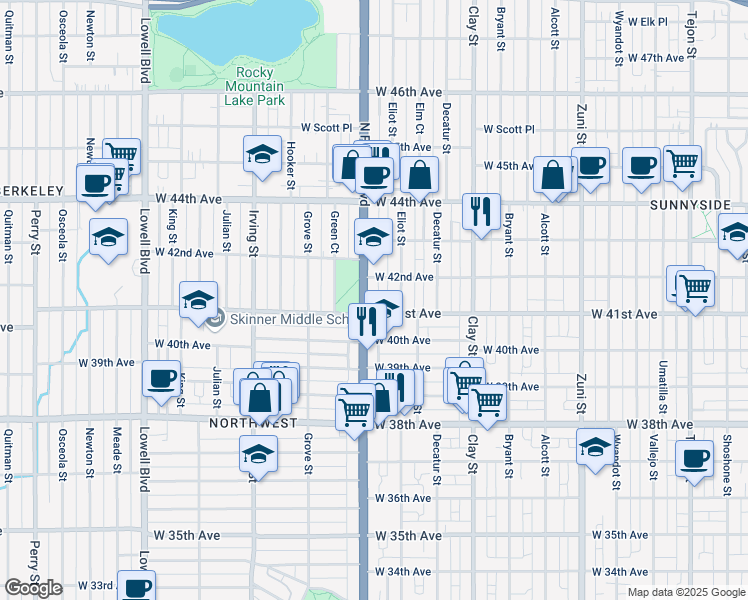 map of restaurants, bars, coffee shops, grocery stores, and more near 4150 Federal Boulevard in Denver