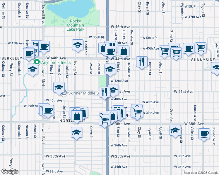 map of restaurants, bars, coffee shops, grocery stores, and more near 4150 Federal Boulevard in Denver