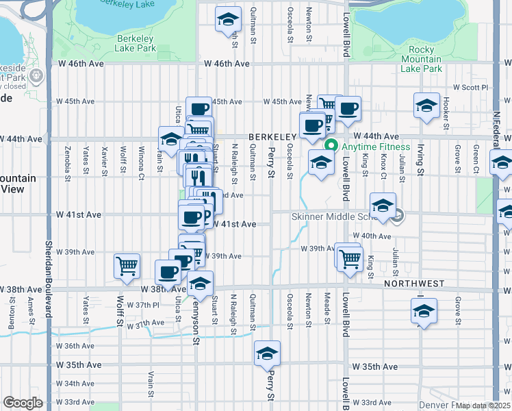 map of restaurants, bars, coffee shops, grocery stores, and more near 4202 Quitman Street in Denver