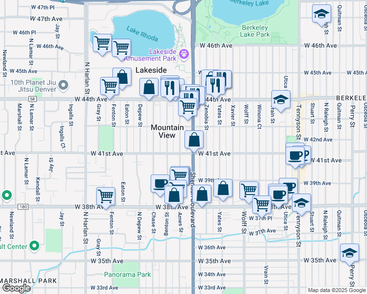 map of restaurants, bars, coffee shops, grocery stores, and more near 4152 Ames Street in Denver