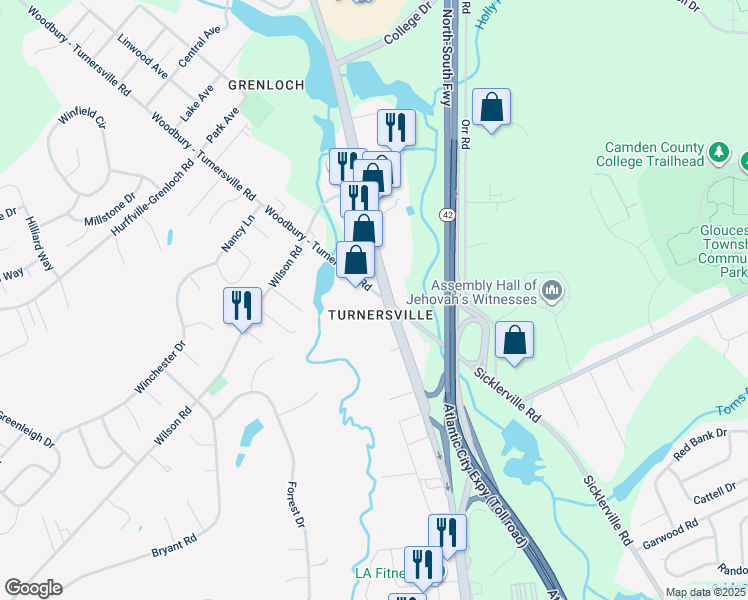 map of restaurants, bars, coffee shops, grocery stores, and more near 104 Woodbury - Turnersville Road in Washington Township