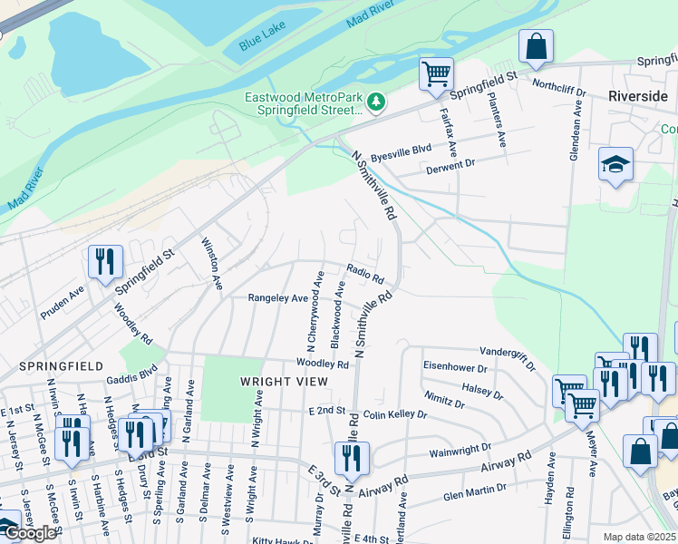 map of restaurants, bars, coffee shops, grocery stores, and more near 411 Blackwood Avenue in Dayton