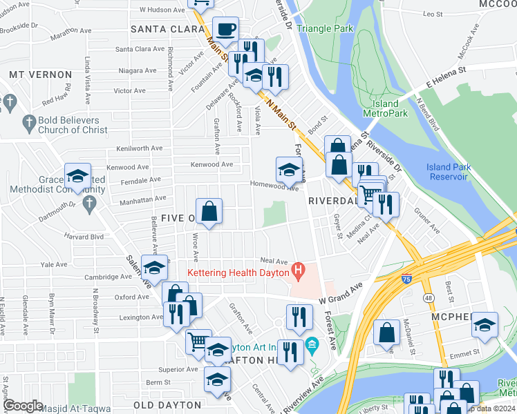 map of restaurants, bars, coffee shops, grocery stores, and more near 1021 Old Orchard Avenue in Dayton
