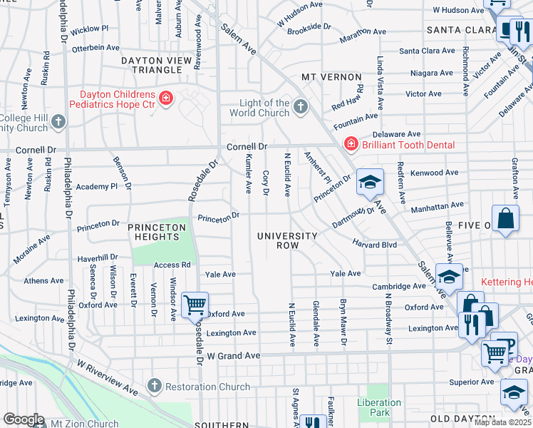map of restaurants, bars, coffee shops, grocery stores, and more near Cory Drive in Dayton