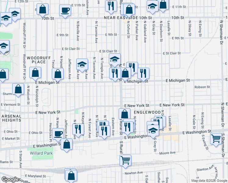 map of restaurants, bars, coffee shops, grocery stores, and more near in Indianapolis