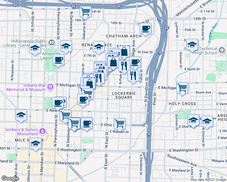 map of restaurants, bars, coffee shops, grocery stores, and more near 516 East Michigan Street in Indianapolis