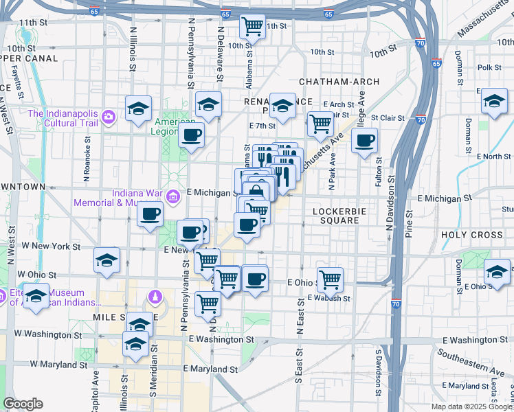 map of restaurants, bars, coffee shops, grocery stores, and more near 502 North New Jersey Street in Indianapolis