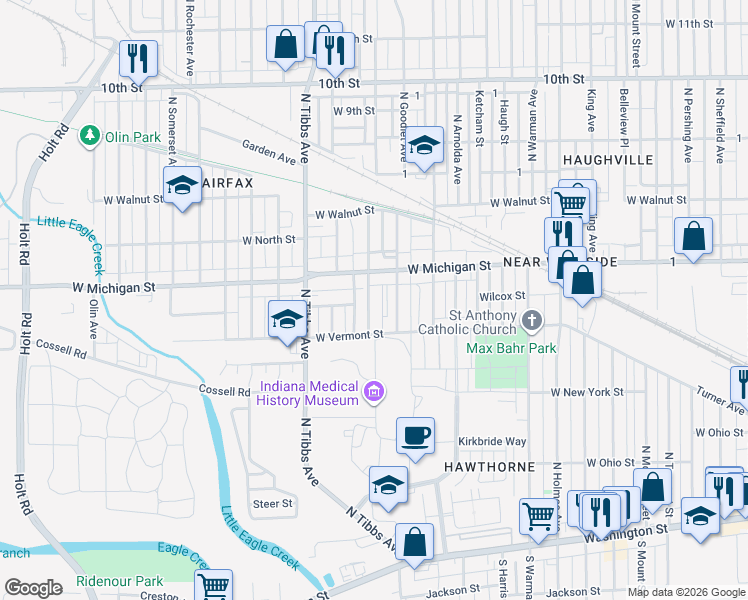map of restaurants, bars, coffee shops, grocery stores, and more near 3205 West Michigan Street in Indianapolis