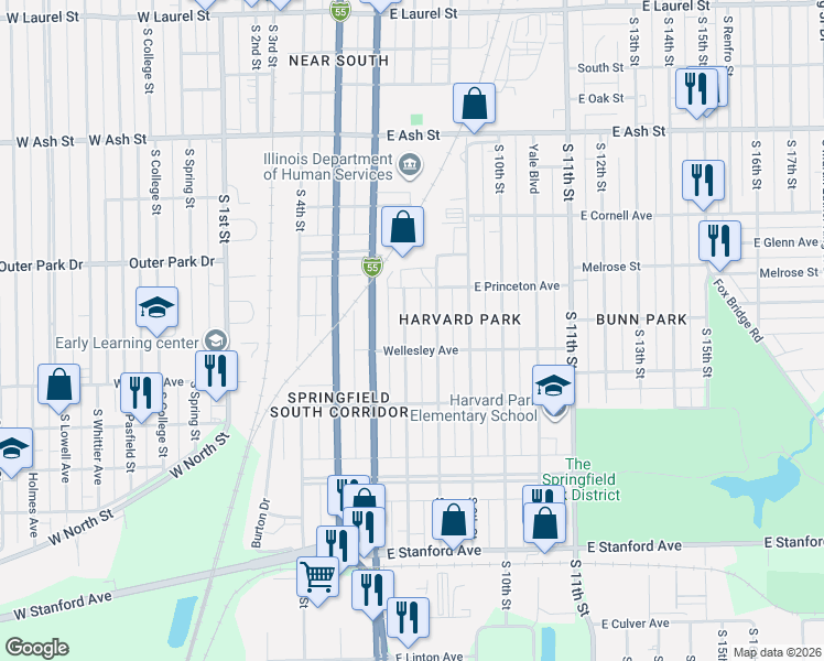 map of restaurants, bars, coffee shops, grocery stores, and more near 2321 South 7th Street in Springfield