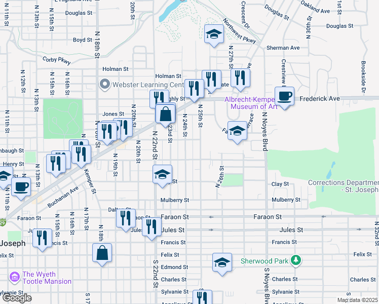 map of restaurants, bars, coffee shops, grocery stores, and more near 731 North 24th Street in Saint Joseph