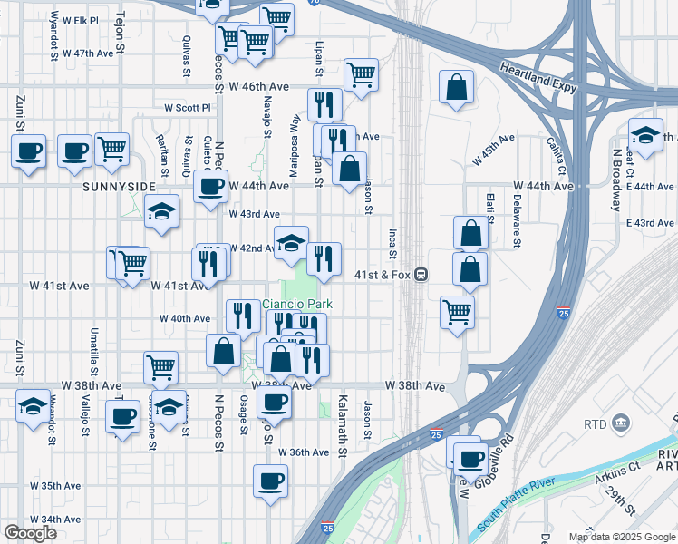 map of restaurants, bars, coffee shops, grocery stores, and more near 4146 Lipan Street in Denver