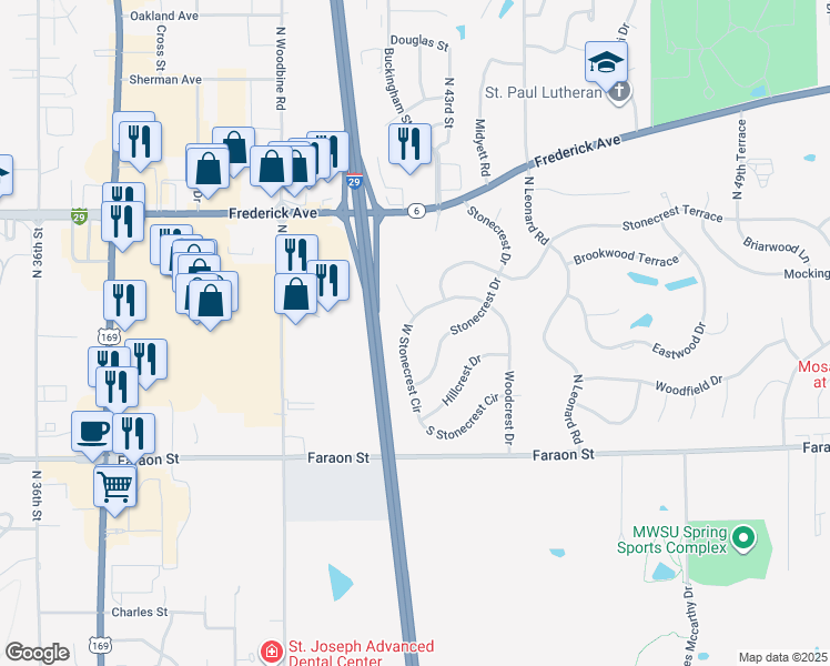 map of restaurants, bars, coffee shops, grocery stores, and more near 32 Stonecrest in Saint Joseph