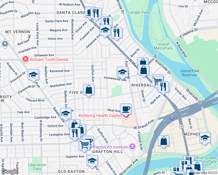 map of restaurants, bars, coffee shops, grocery stores, and more near 940 Old Orchard Avenue in Dayton