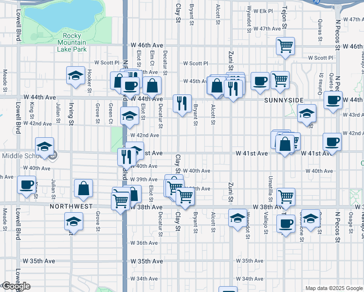 map of restaurants, bars, coffee shops, grocery stores, and more near 4120 Clay Street in Denver