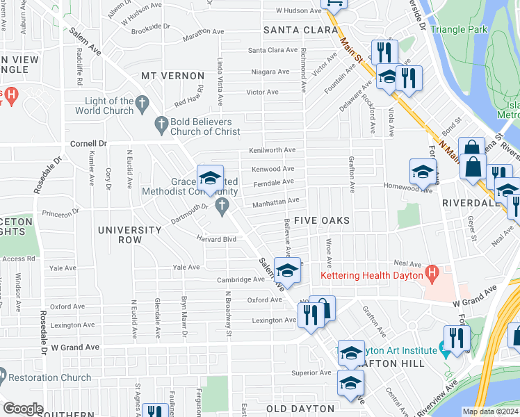 map of restaurants, bars, coffee shops, grocery stores, and more near 954 Manhattan Avenue in Dayton