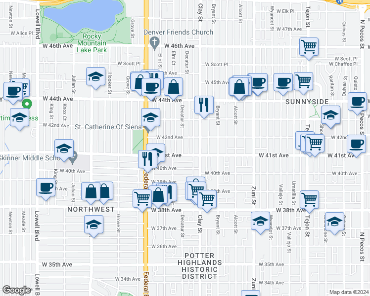 map of restaurants, bars, coffee shops, grocery stores, and more near 4124 Decatur Street in Denver