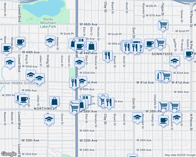map of restaurants, bars, coffee shops, grocery stores, and more near 4122 Decatur Street in Denver