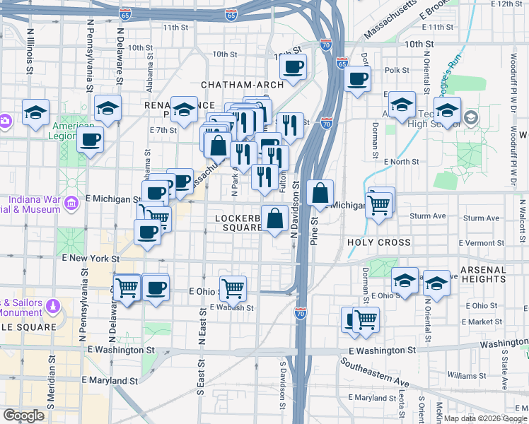 map of restaurants, bars, coffee shops, grocery stores, and more near 708 East Michigan Street in Indianapolis