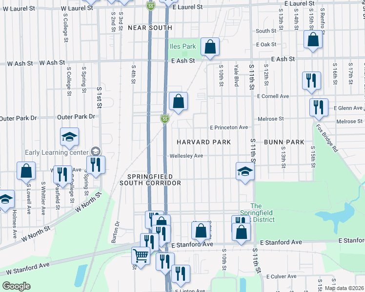 map of restaurants, bars, coffee shops, grocery stores, and more near 2321 South 7th Street in Springfield