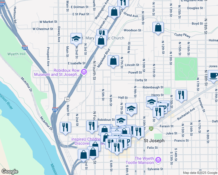 map of restaurants, bars, coffee shops, grocery stores, and more near 1015 North 5th Street in Saint Joseph