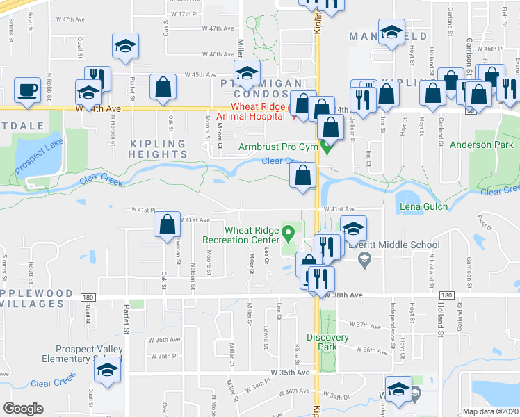 map of restaurants, bars, coffee shops, grocery stores, and more near 10345 West 41st Avenue in Wheat Ridge