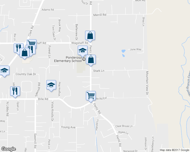 map of restaurants, bars, coffee shops, grocery stores, and more near 6540 Pentz Road in Paradise