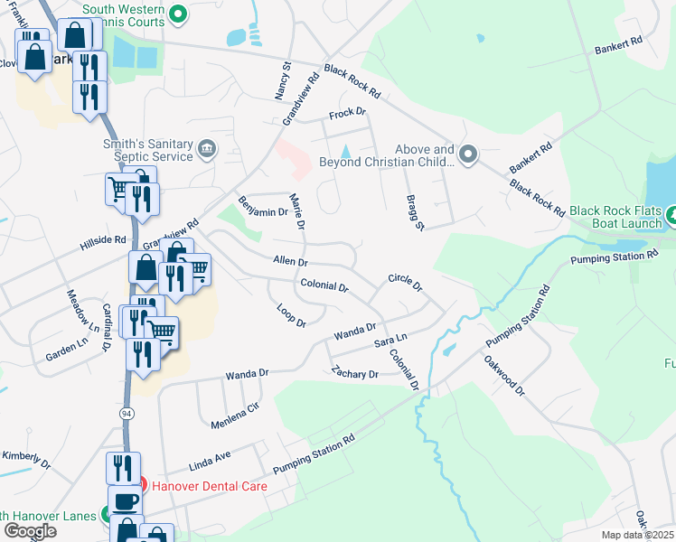 map of restaurants, bars, coffee shops, grocery stores, and more near 51 Allen Drive in Hanover