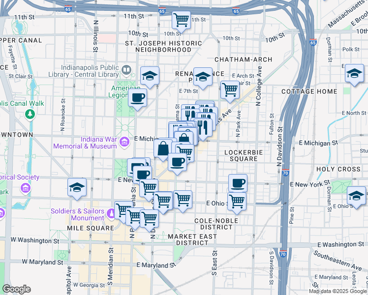 map of restaurants, bars, coffee shops, grocery stores, and more near 502 North New Jersey Street in Indianapolis