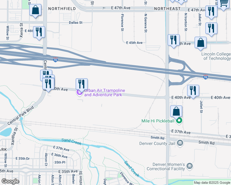 map of restaurants, bars, coffee shops, grocery stores, and more near 10035 East 40th Avenue in Denver