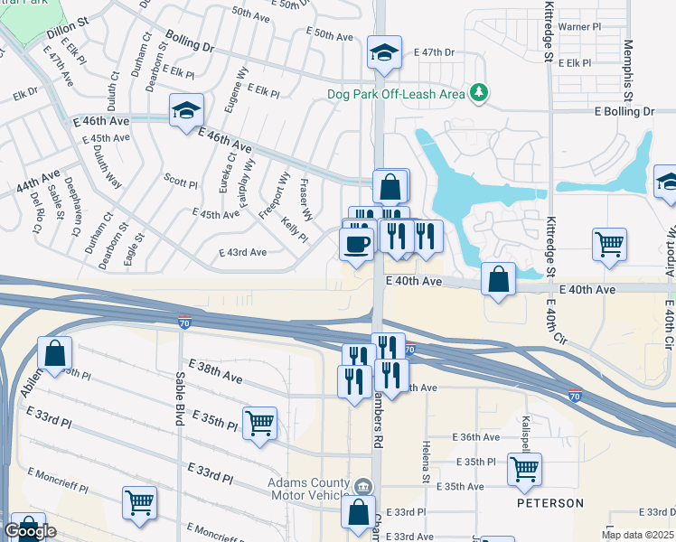 map of restaurants, bars, coffee shops, grocery stores, and more near 15255 East 40th Avenue in Denver