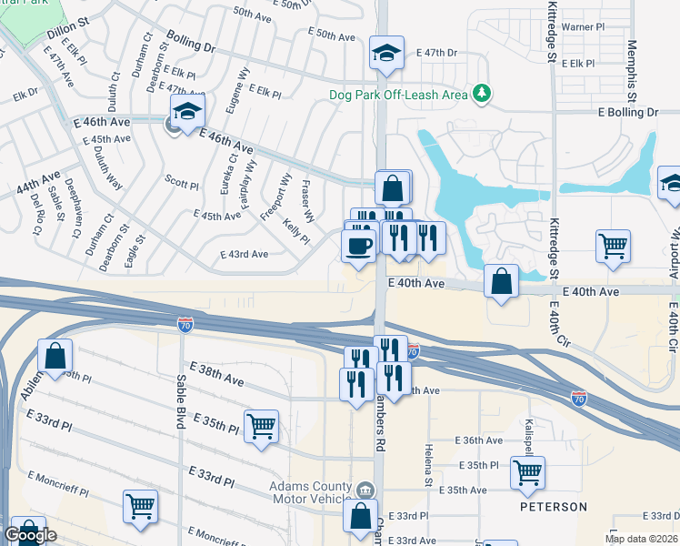 map of restaurants, bars, coffee shops, grocery stores, and more near 15255 East 40th Avenue in Denver