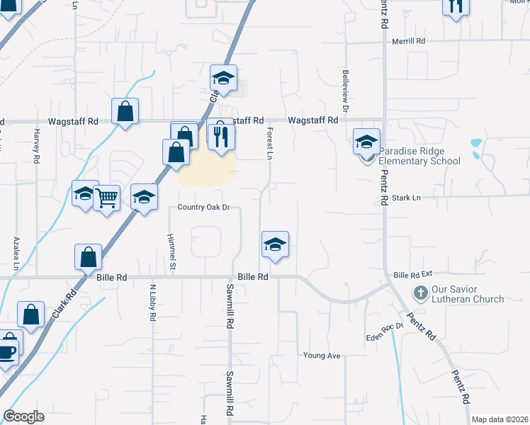 map of restaurants, bars, coffee shops, grocery stores, and more near 6268 Forest Lane in Paradise