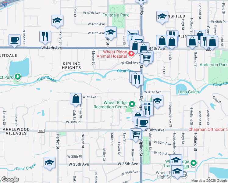 map of restaurants, bars, coffee shops, grocery stores, and more near 10363 West 41st Avenue in Wheat Ridge