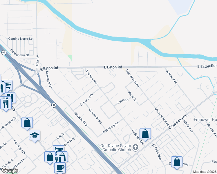 map of restaurants, bars, coffee shops, grocery stores, and more near 48 Redeemers Loop in Chico