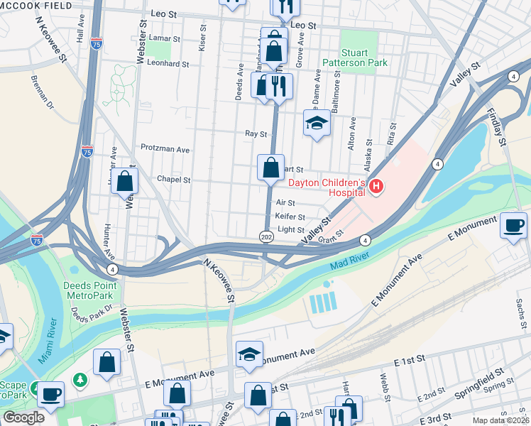 map of restaurants, bars, coffee shops, grocery stores, and more near 301 Troy Street in Dayton