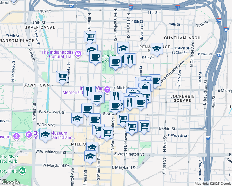 map of restaurants, bars, coffee shops, grocery stores, and more near 455 North Pennsylvania Street in Indianapolis