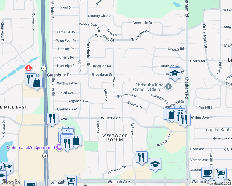 map of restaurants, bars, coffee shops, grocery stores, and more near 2218-2230 Warson Rd in Springfield