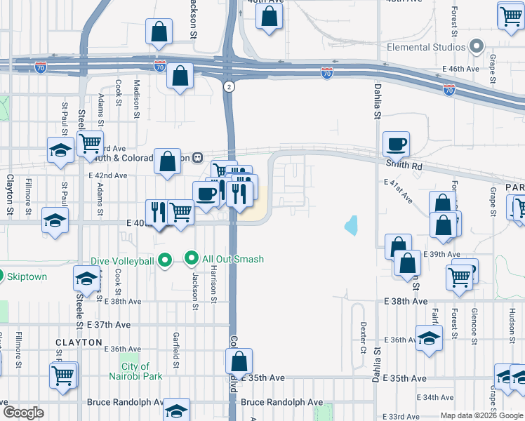 map of restaurants, bars, coffee shops, grocery stores, and more near 4055 Albion Street in Denver