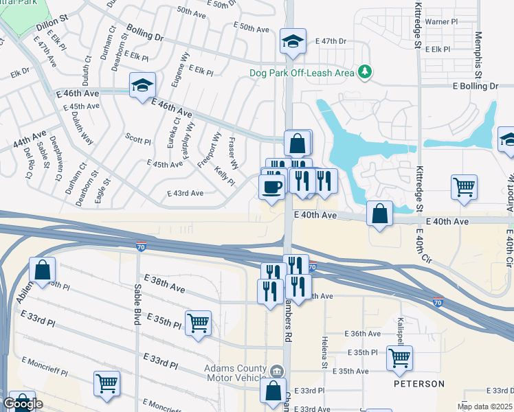 map of restaurants, bars, coffee shops, grocery stores, and more near 4201 Fraser Way in Denver