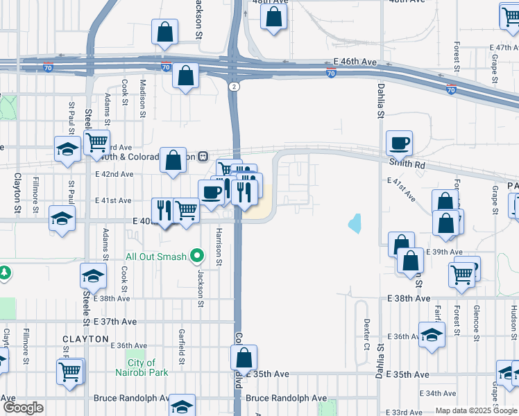 map of restaurants, bars, coffee shops, grocery stores, and more near 4055 Albion Street in Denver