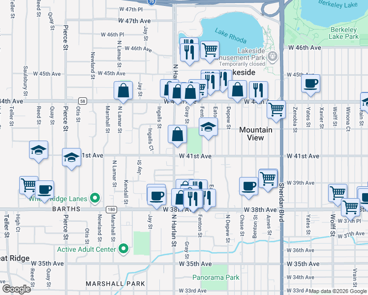 map of restaurants, bars, coffee shops, grocery stores, and more near 4205 Gray Street in Wheat Ridge