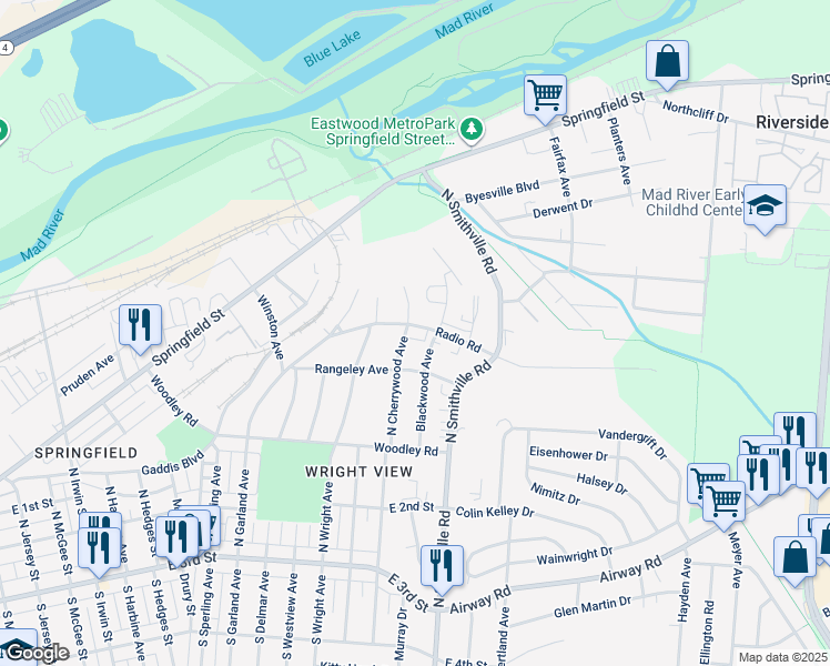 map of restaurants, bars, coffee shops, grocery stores, and more near 411 Blackwood Avenue in Dayton