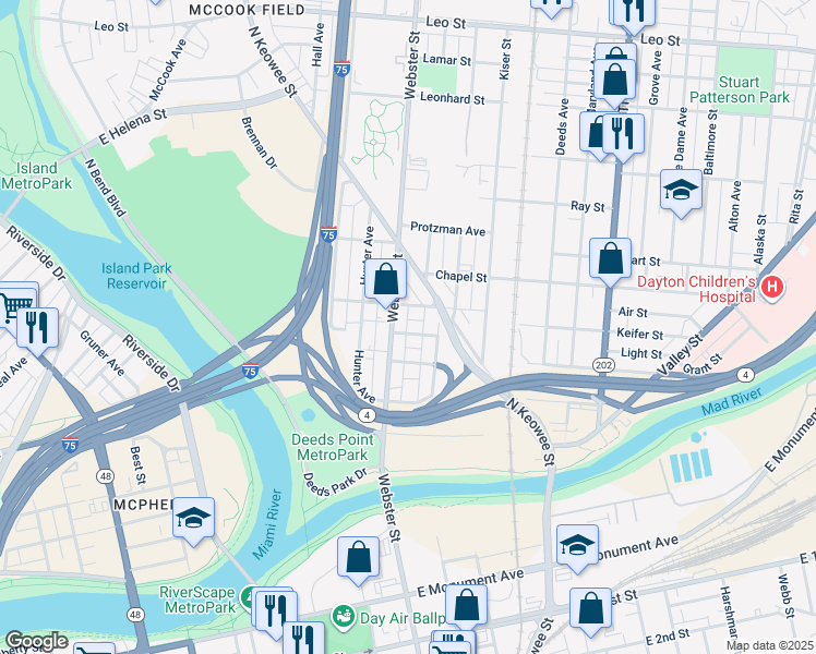 map of restaurants, bars, coffee shops, grocery stores, and more near 856 Webster Street in Dayton