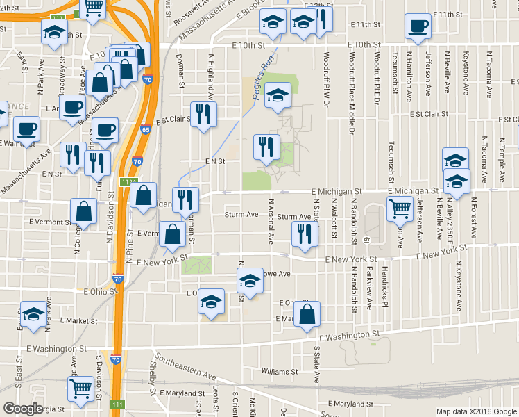 map of restaurants, bars, coffee shops, grocery stores, and more near 1421 East Michigan Street in Indianapolis