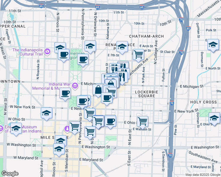 map of restaurants, bars, coffee shops, grocery stores, and more near 501 Alabama Street in Indianapolis