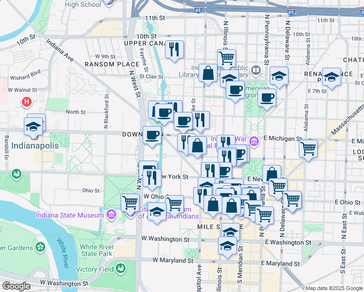 map of restaurants, bars, coffee shops, grocery stores, and more near 227 West Michigan Street in Indianapolis