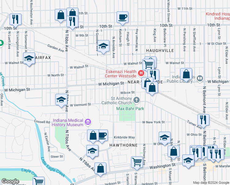 map of restaurants, bars, coffee shops, grocery stores, and more near 467 North Arnolda Avenue in Indianapolis