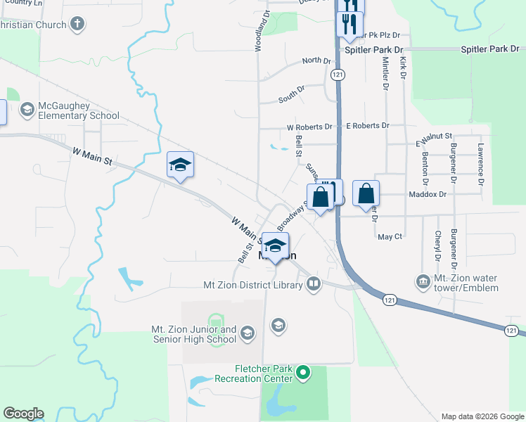 map of restaurants, bars, coffee shops, grocery stores, and more near 635 Woodland Drive in Mount Zion