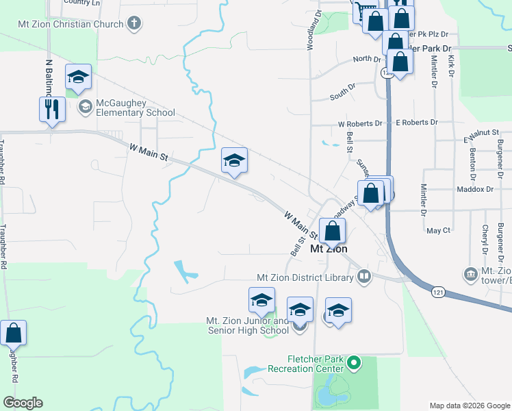 map of restaurants, bars, coffee shops, grocery stores, and more near 737-863 County Highway 30 in Mt Zion